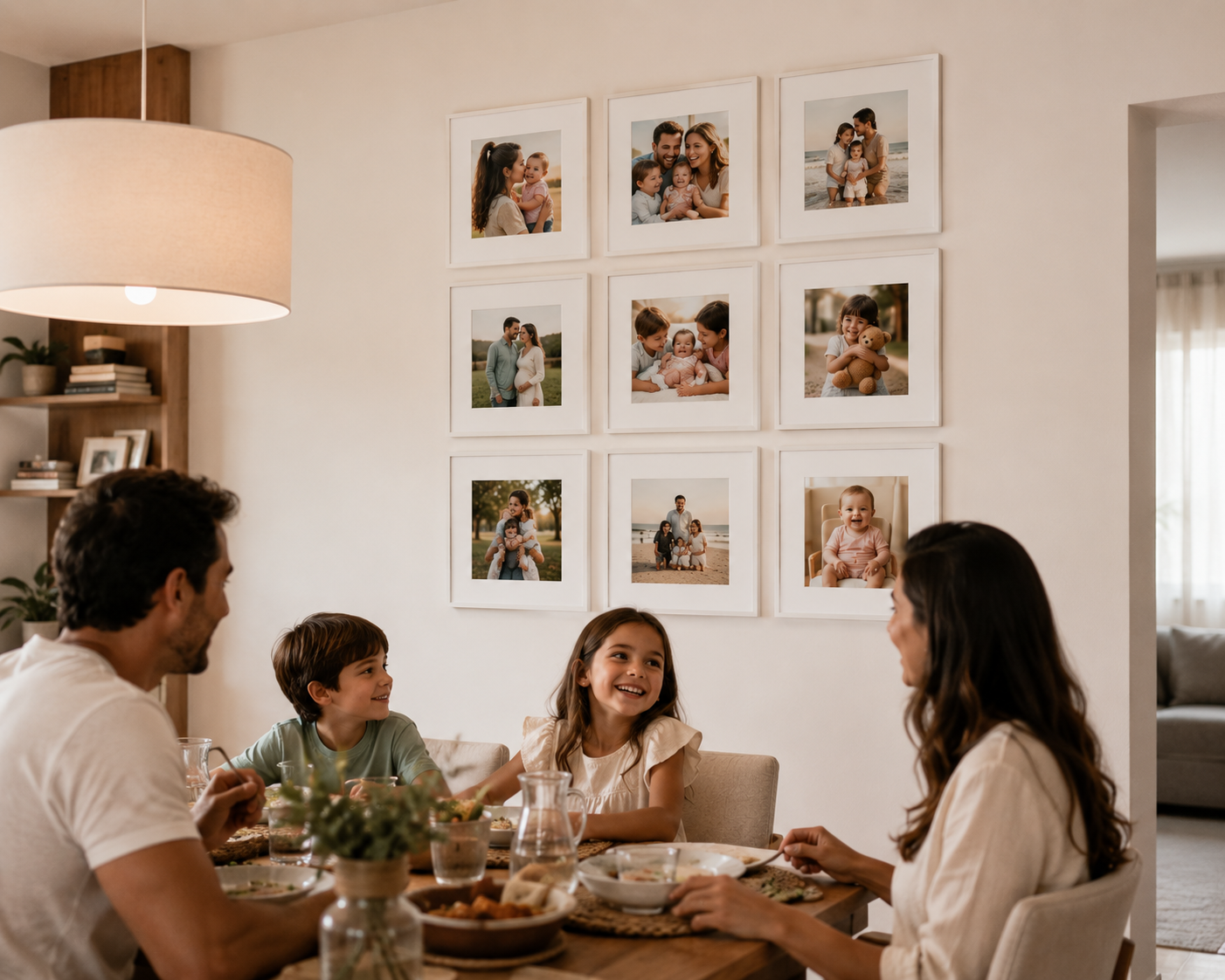 Composição Grid clássica — 9 quadros quadrados numa parede