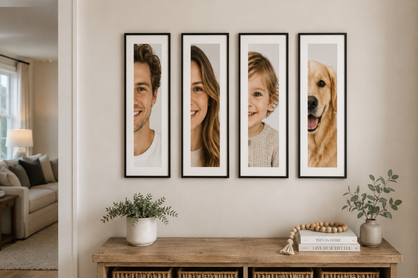Coleção Faces — retratos verticais meio-rosto de cada membro da família