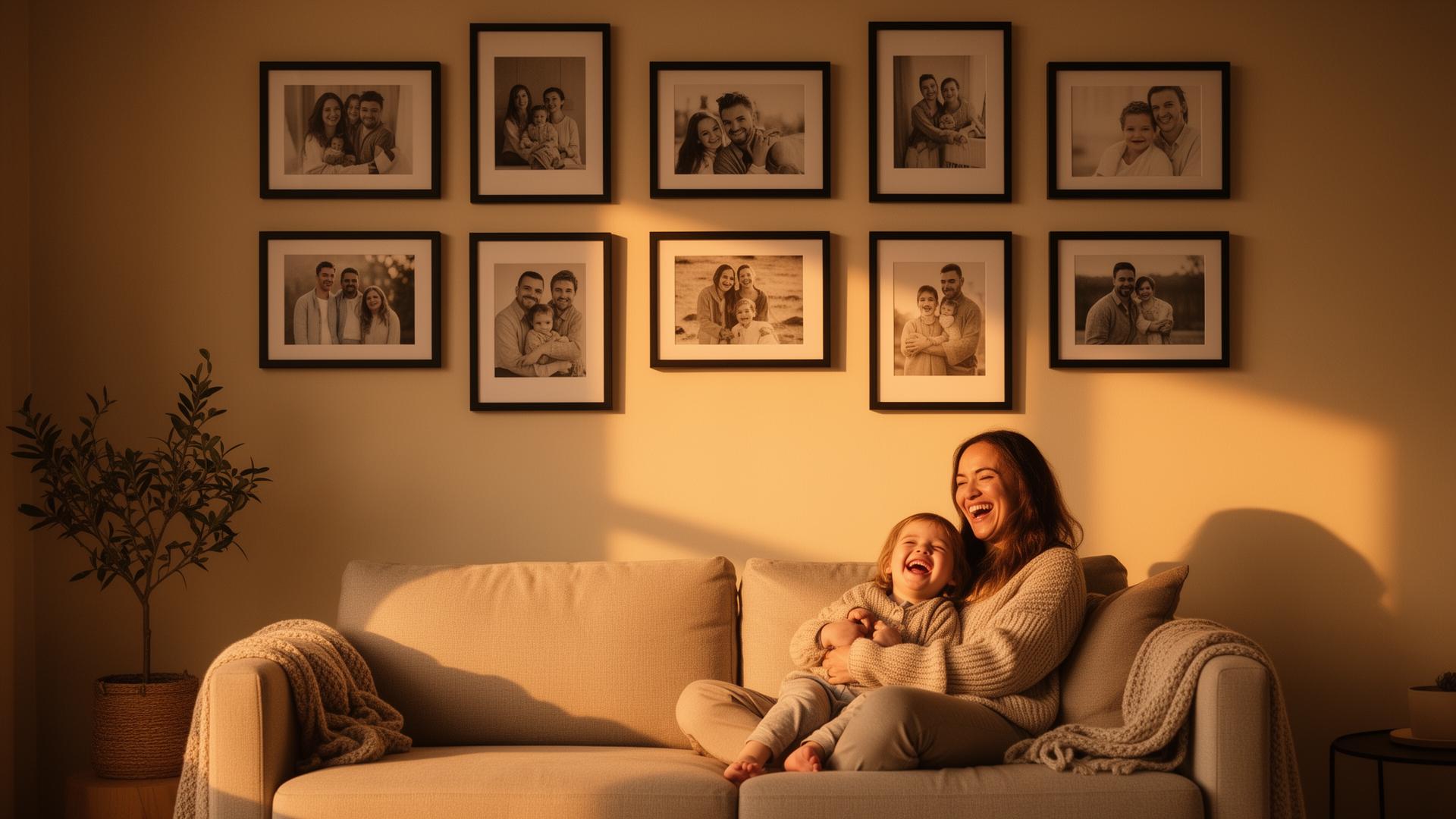 Família a viver a sua parede de memórias em luz dourada