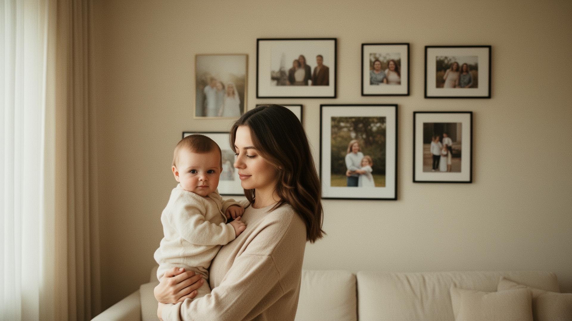 Sala moderna com quadros de fotografias de família na parede